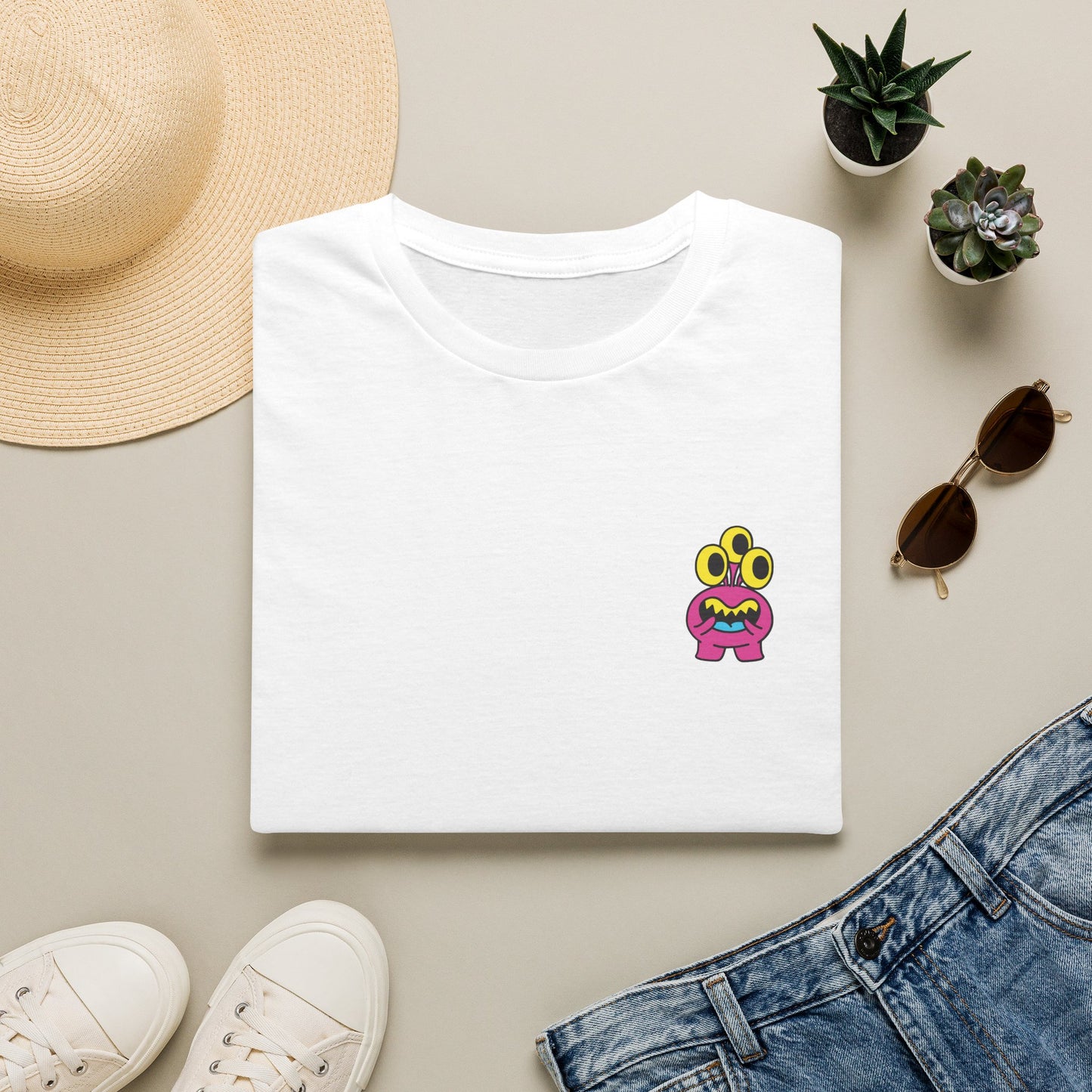 Cute Alien Pocket Tee — Small Colorful Cartoon Monster Chest Print T-Shirt
